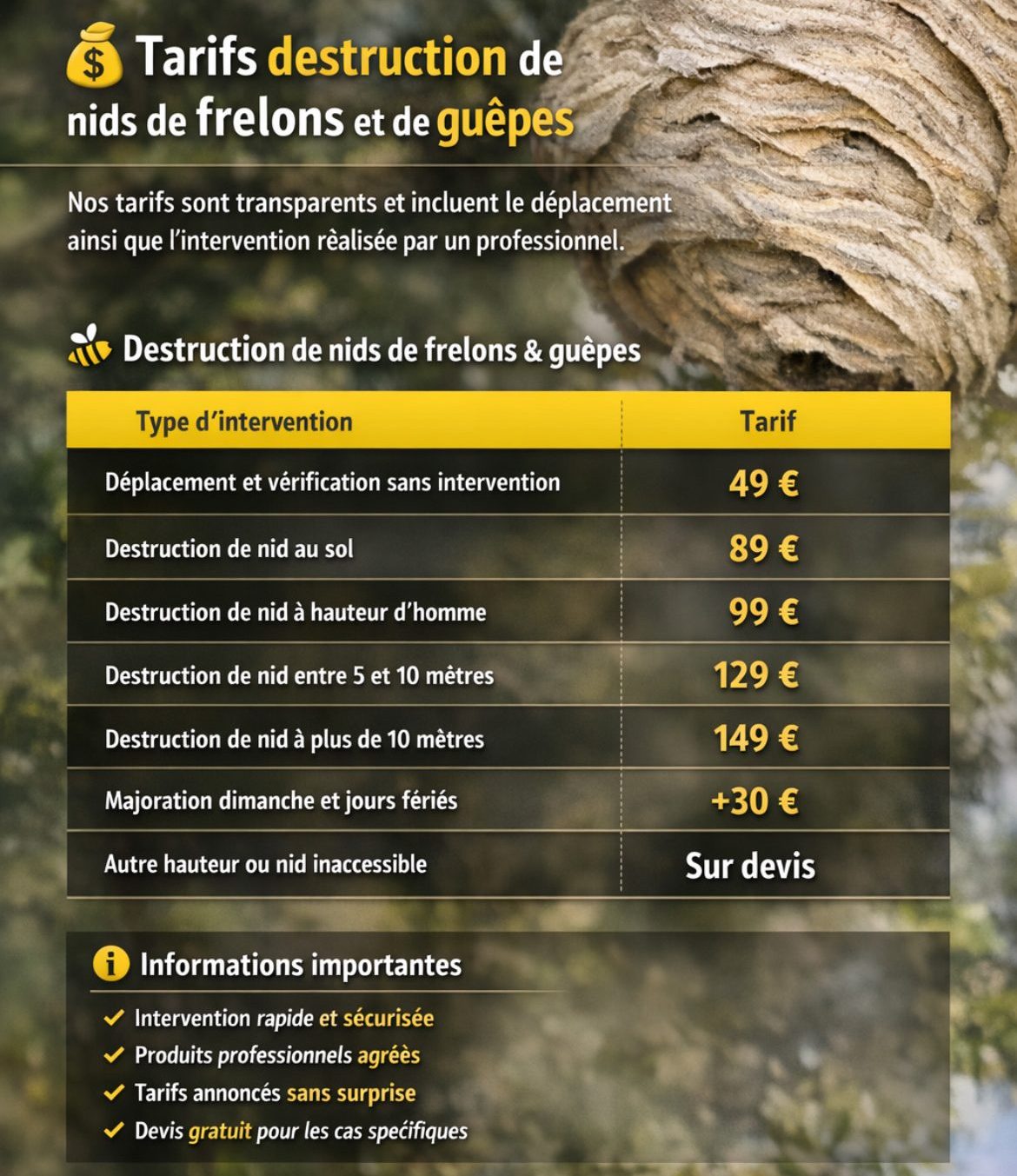 tarif destruction nid frelon lens